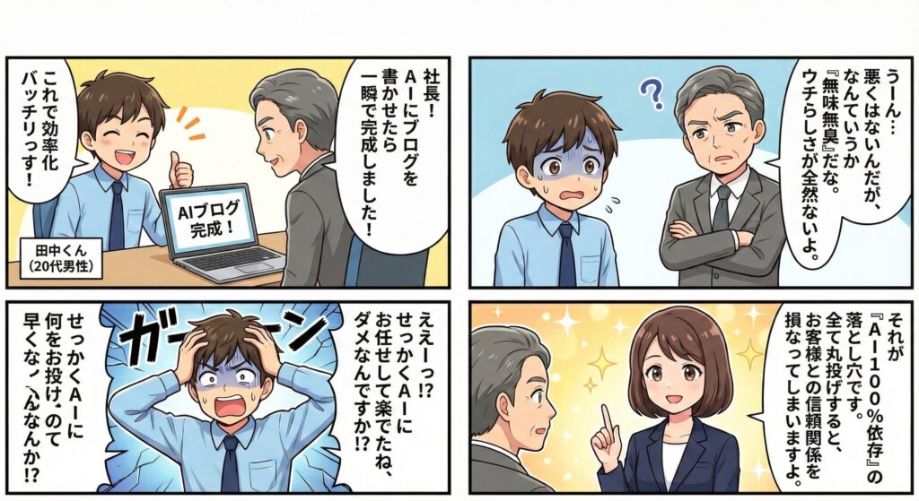 AIで作成したブログを提出したが内容が薄く、社長から「無味無臭でウチらしさがない」と指摘されて動揺する男性の場面。