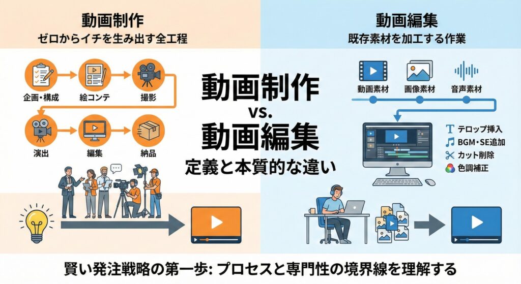 動画制作と動画編集の違いを比較した図で、動画制作は企画・絵コンテ・撮影などの工程を含み、動画編集は既存素材を加工する作業としてテロップ挿入やBGM追加などが示されている。
