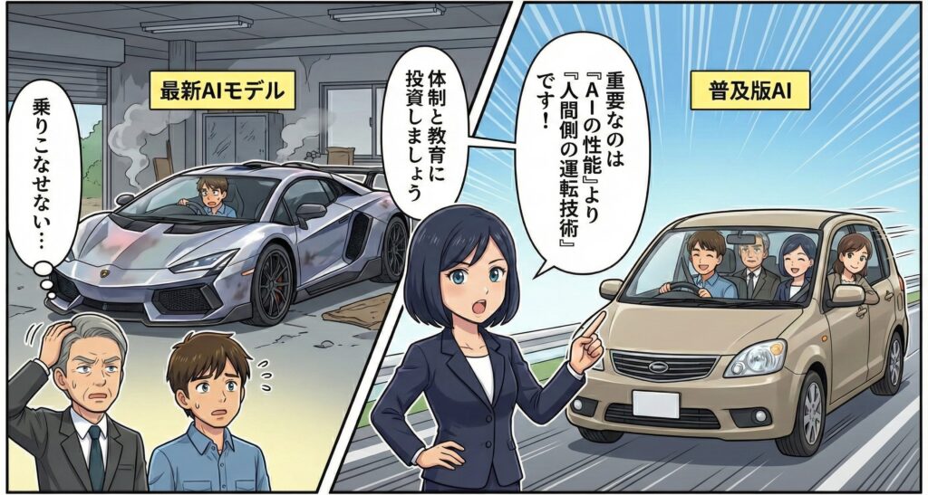 高性能な最新AIと、実用的な普及版AIを車に例えて比較し、人間側の運転技術と体制の重要性を説明するマンガ。