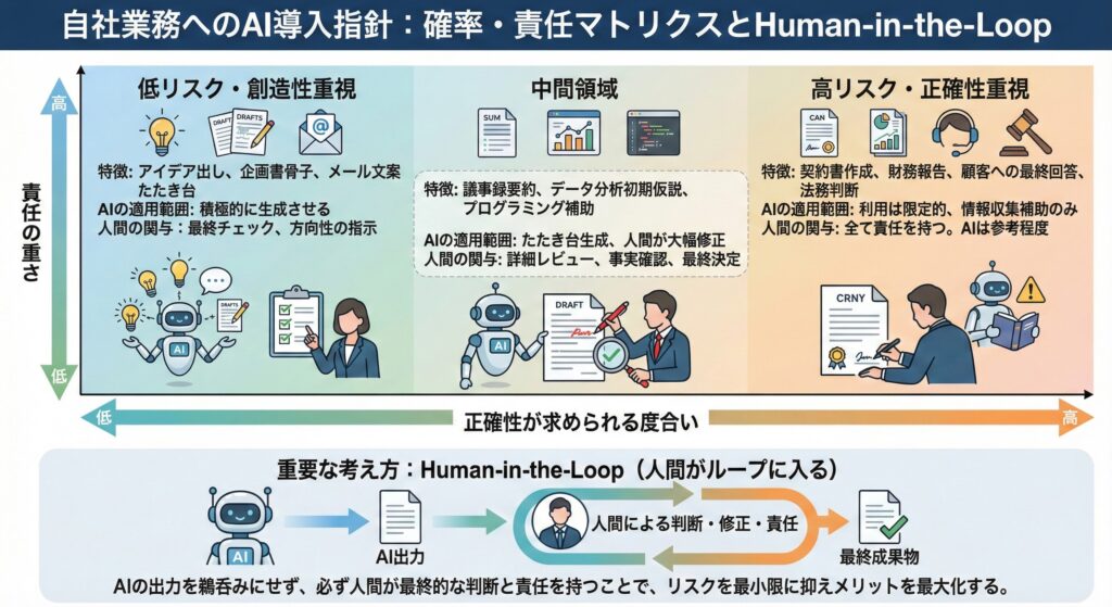 業務の正確性要求と責任の重さを軸に、生成AIの適用範囲と人間の関与度合いを整理したマトリクス図。