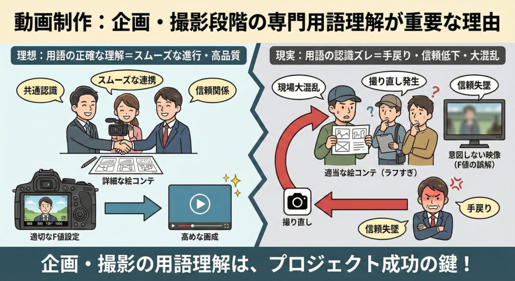 企画・撮影段階で用語理解がある場合とない場合の違いを、理想と現実の対比で示した図解