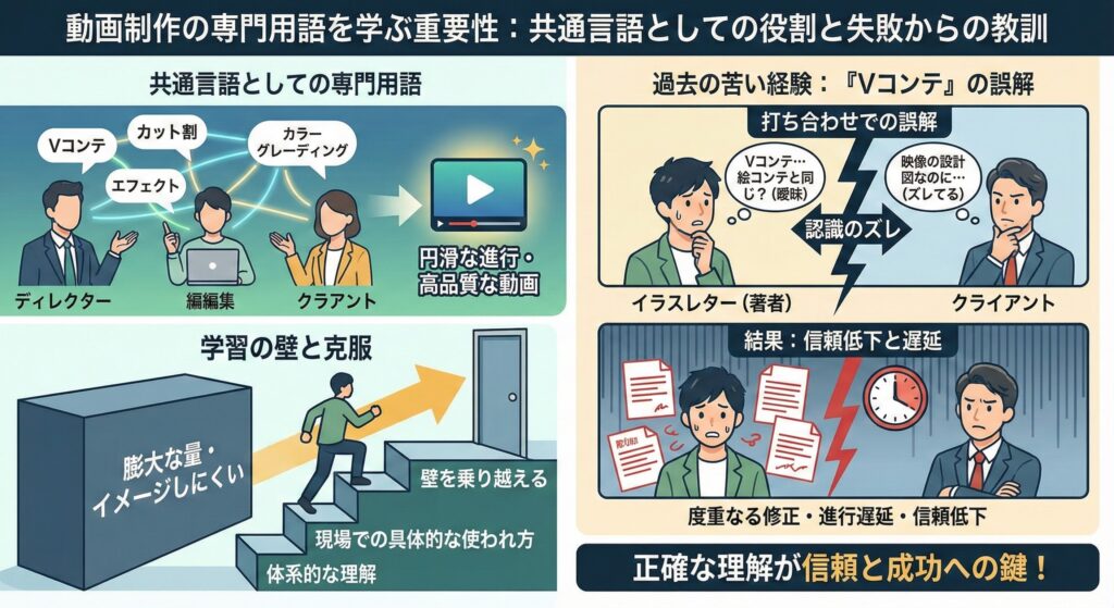 動画制作の専門用語が共通言語として機能する一方、誤解が信頼低下や進行遅延を招く様子を対比で示した図