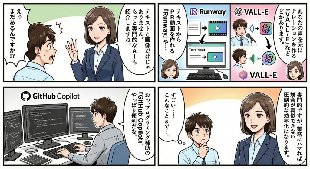 動画生成、音声合成、プログラミング補助など、テキスト以外の生成AIツールを具体例とともに紹介する漫画形式の解説図。