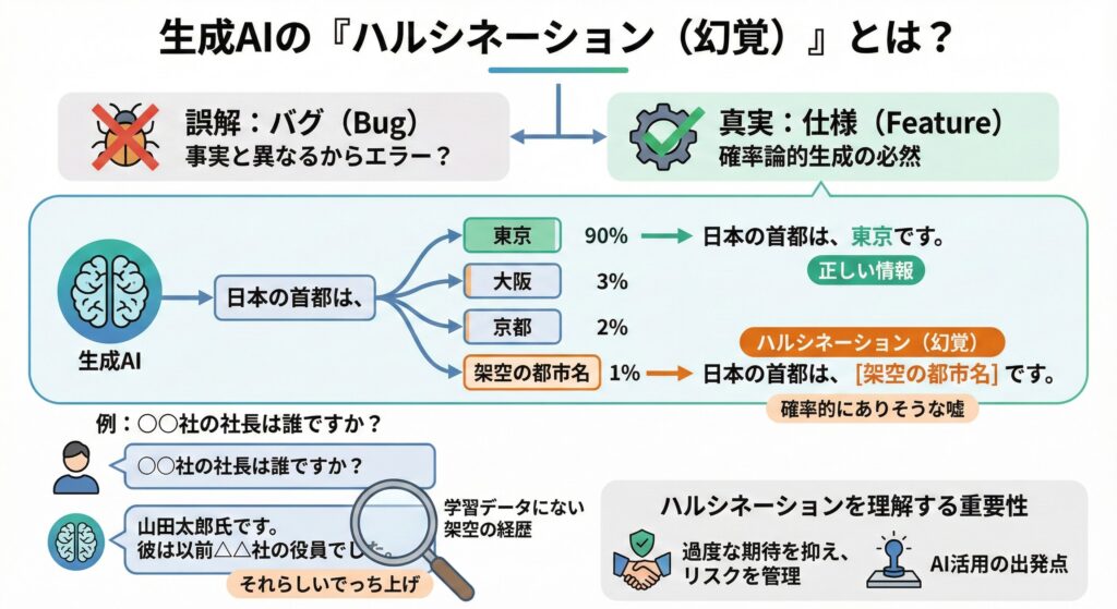 生成AIのハルシネーションを、日本の首都を例に確率的生成の仕組みとして解説し、誤答が仕様上起こり得る理由を図解した資料。