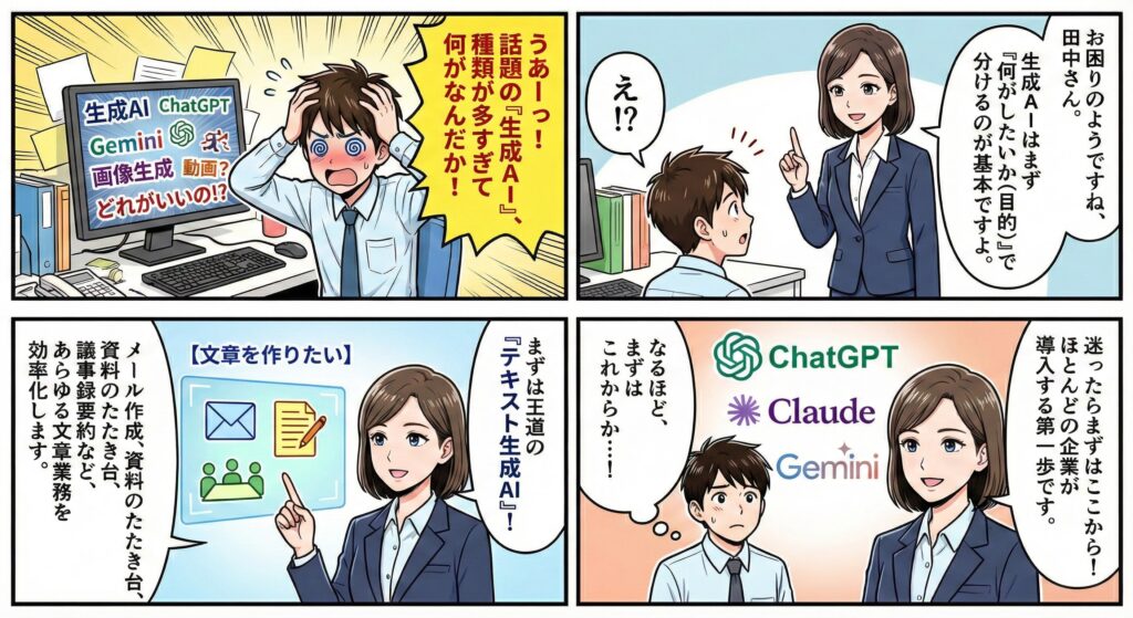 生成AIの種類に戸惑う男性に対し、まずは文章作成に強いテキスト生成AIから始めるべきと説明する漫画形式の解説。