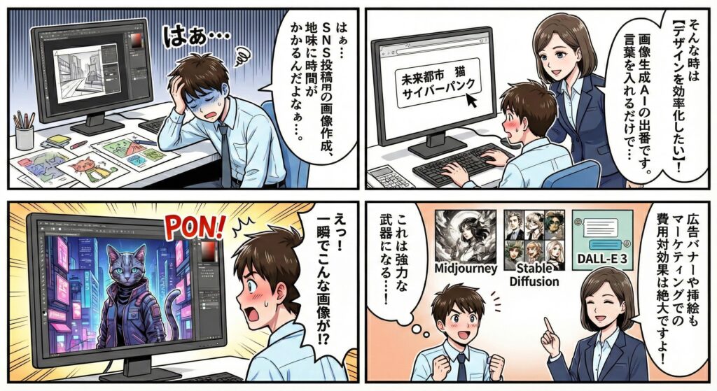 SNS用画像制作に時間を取られる男性と、画像生成AIを使えば短時間で高品質なデザインが作れると説明する場面の漫画。