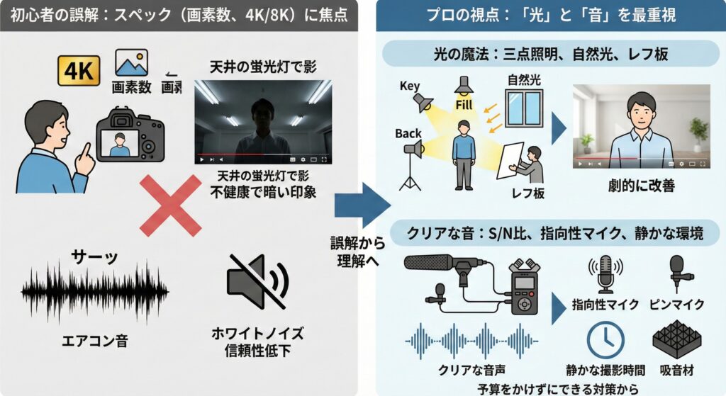 初心者が画質に注目しがちな誤解と、プロが重視する光と音の重要性を対比した図解。