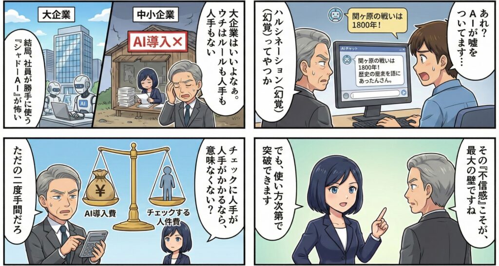 大企業と中小企業のAI導入状況を対比し、人手不足やコスト負担への悩みを描いたマンガ。中小企業の導入障壁が示されている。