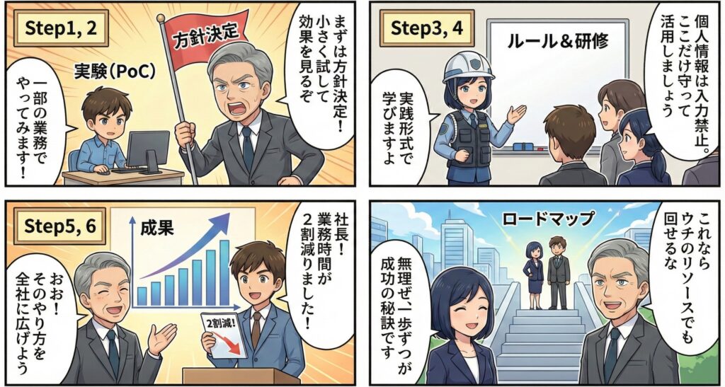 生成AI導入のStep1からStep6までを、実験、ルール整備、成果拡大の流れで示したロードマップ形式のマンガ。
