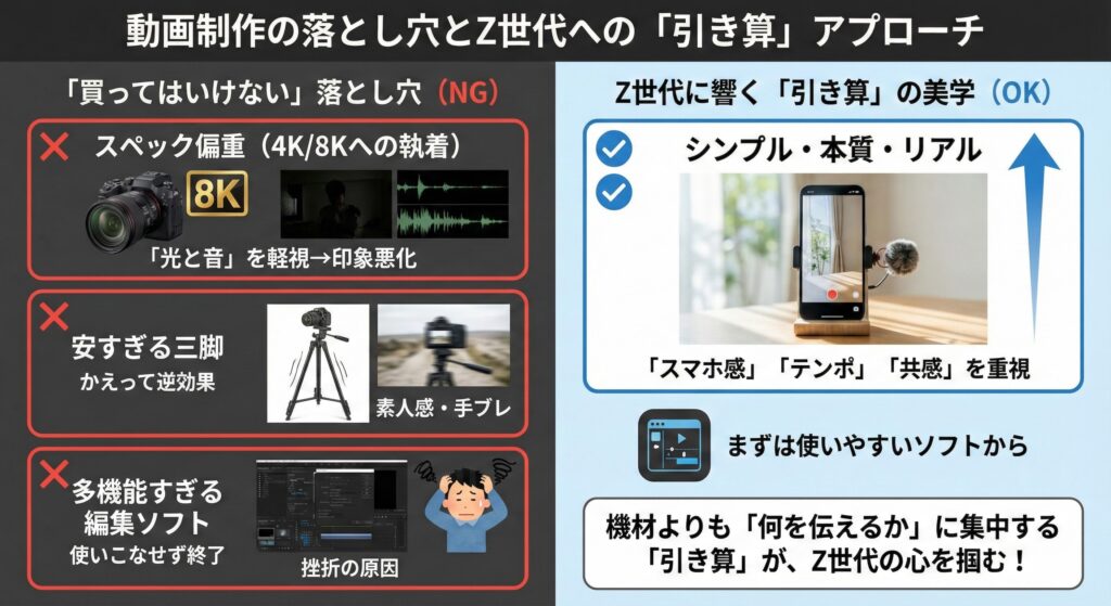 スペック偏重の失敗例と、Z世代に響くシンプルな動画作りを対比した図解。
