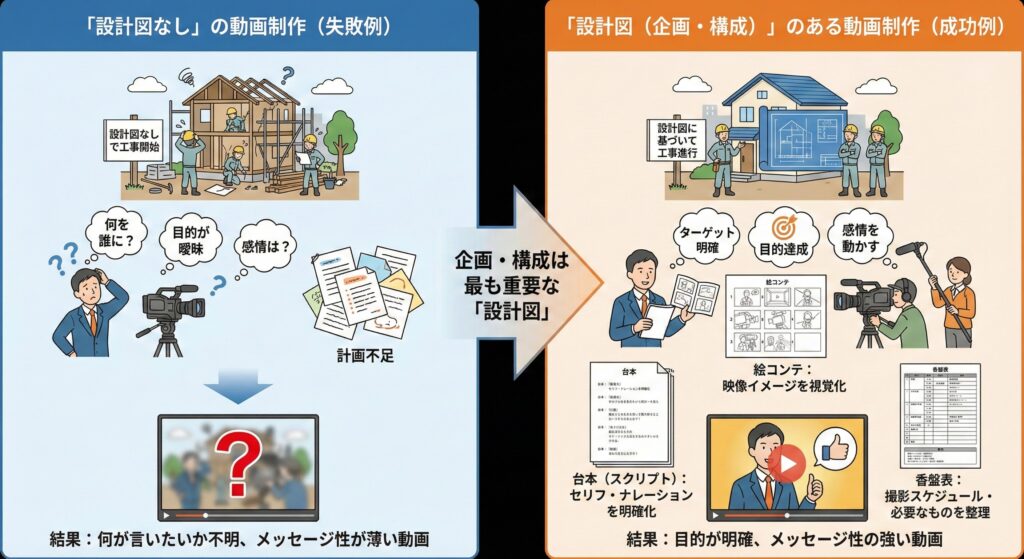 設計図なしの動画制作と、企画・構成を整えた動画制作を対比し、結果の違いを図解したイラスト。