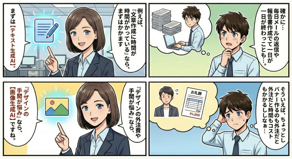 自分の業務で最も時間がかかっている作業を考え、文章作成やデザイン業務に応じて適した生成AIを選ぶ判断軸を示す漫画。