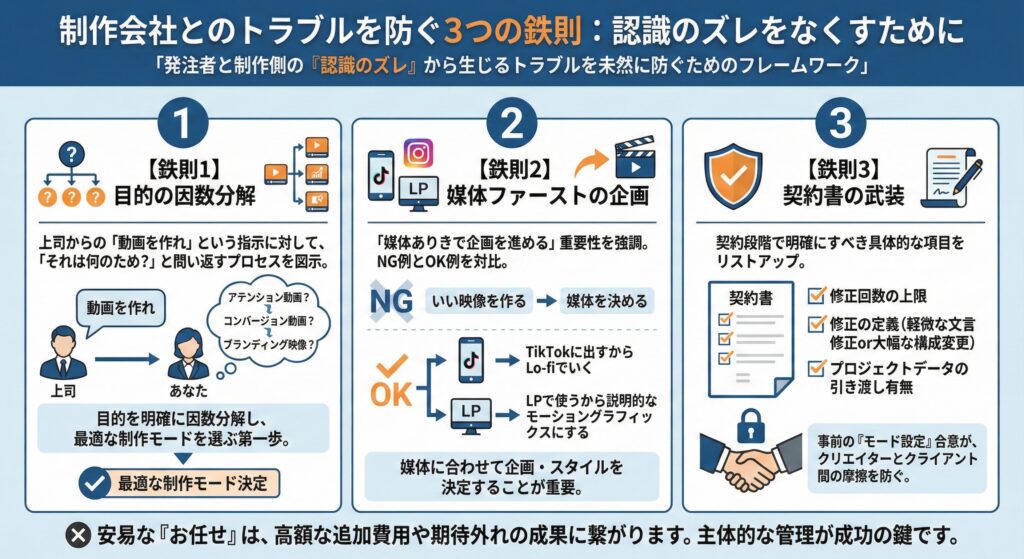 動画制作の発注で起こる「認識のズレ」によるトラブルを防ぐための3つの鉄則をまとめたスライド。目的設定、媒体選定、契約内容の明確化を説明。