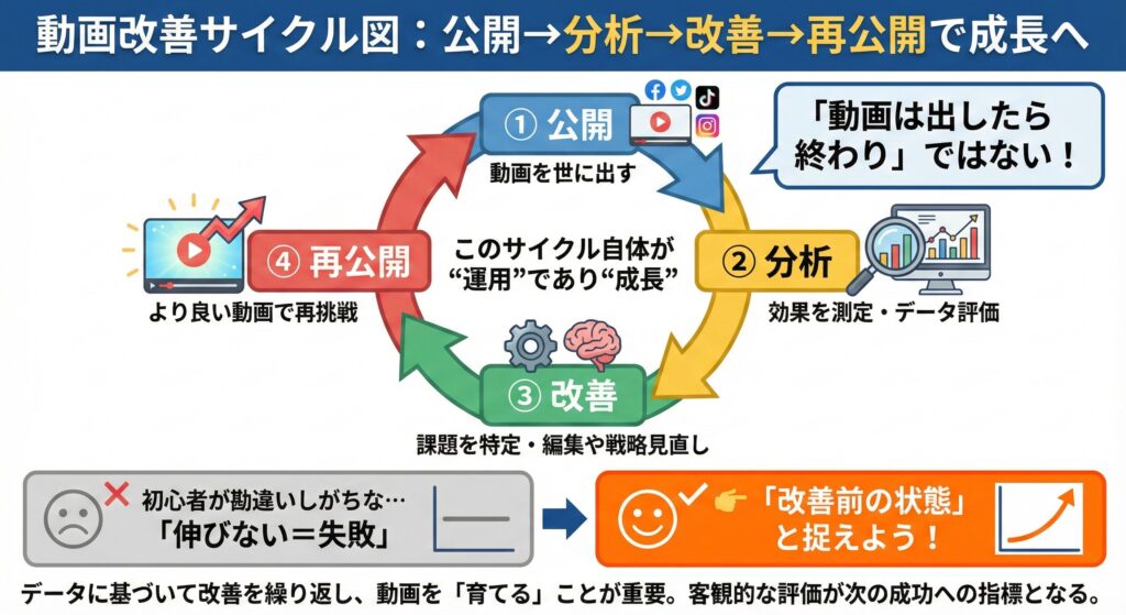 動画を公開・分析・改善・再公開する改善サイクルを円形図で示し、動画は出して終わりではなく育てるものだと説明している図。