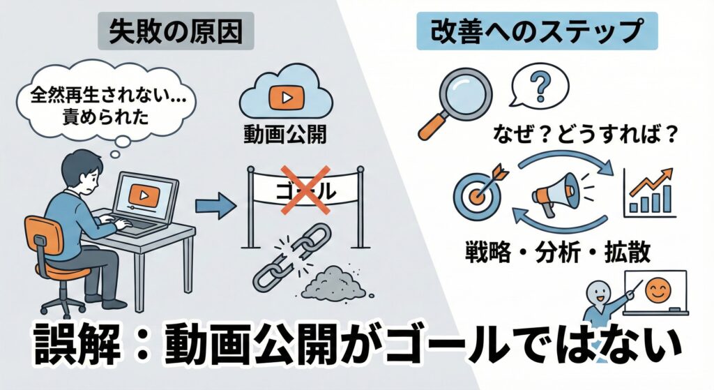 動画を公開しただけで成果が出ない原因と、改善に必要な視点を失敗例と対策で対比したイラスト図解。