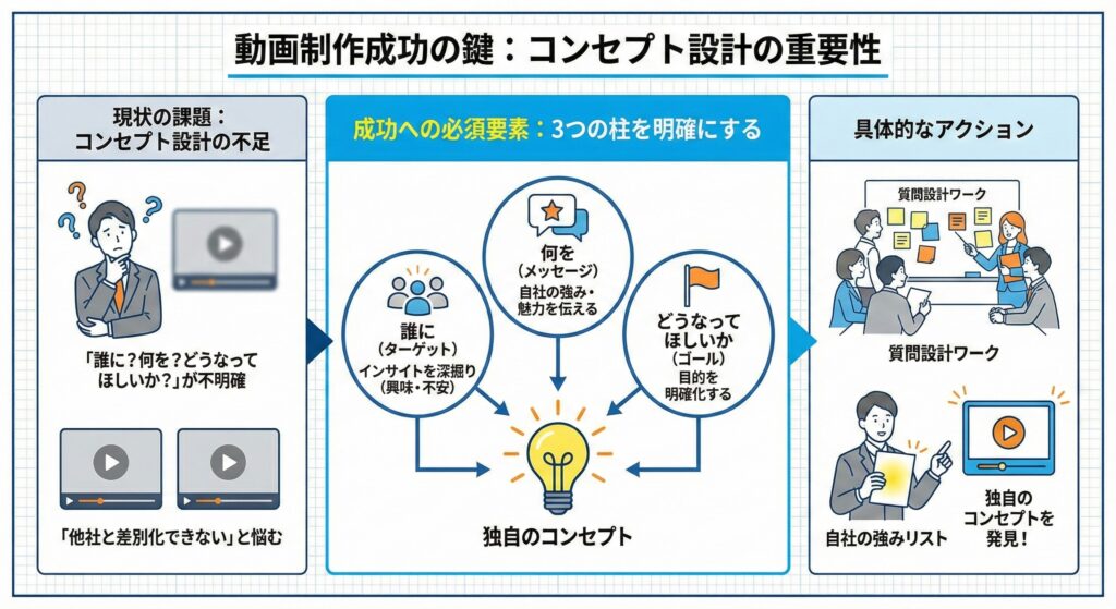 動画制作成功の鍵となるコンセプト設計とターゲット設定を、課題・要素・具体アクションの流れで整理した図解。