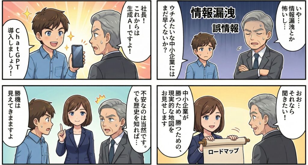 ChatGPTの導入を提案する場面と、情報漏洩や誤情報への不安を示す対話マンガ。生成AI導入に対する期待と懸念が対比されている。