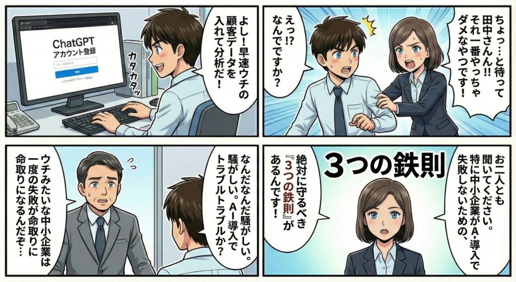 ChatGPTの登録を進めようとする男性を女性が制止し、AI導入は慎重に考えるべきだと注意喚起する漫画形式の場面。