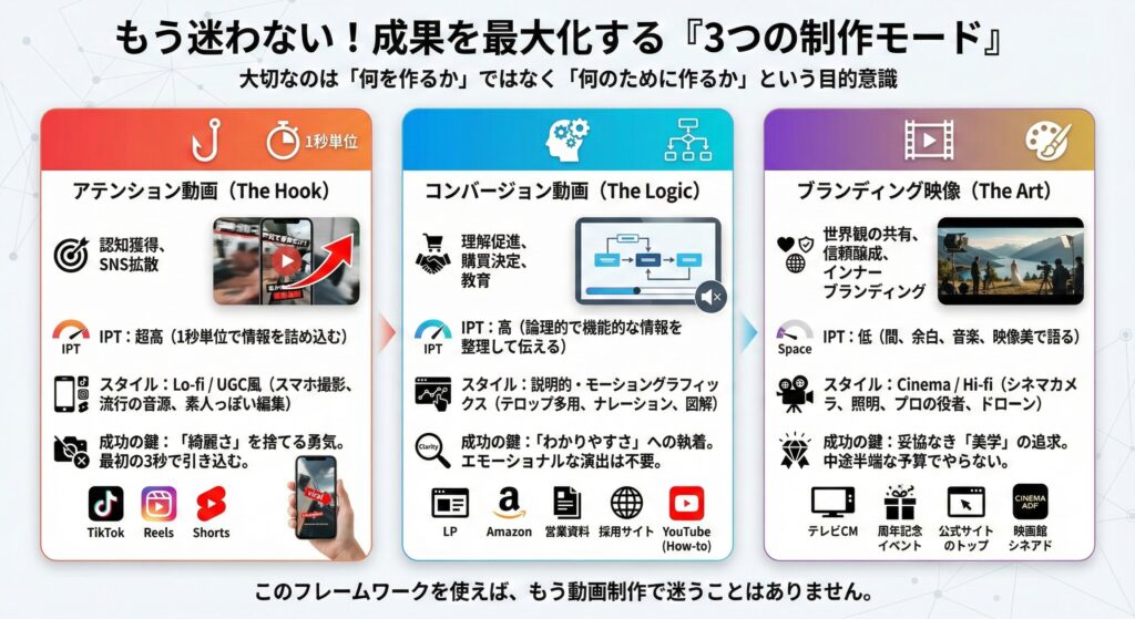 成果を最大化するための3つの動画制作モード(The Hook、The Logic、The Art)の特徴、目的、スタイル、成功の鍵をまとめた図。