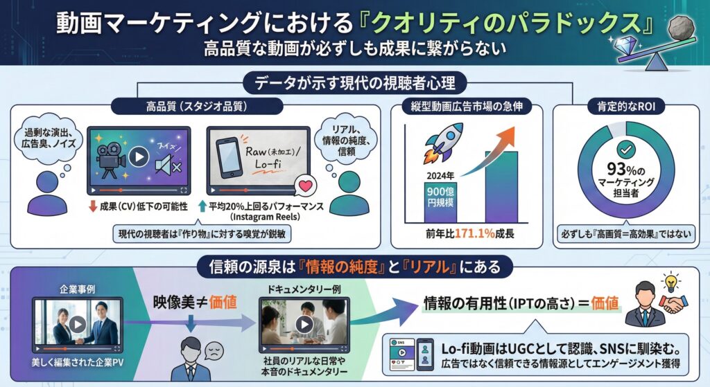 動画マーケティングで高品質動画が必ずしも成果に結びつかない理由を示す解説図。視聴者心理、縦型動画市場の成長、Lo-fi動画の効果などを説明。