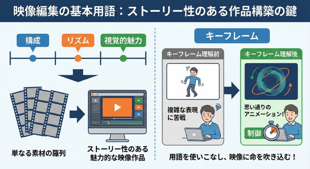 映像編集における構成・リズム・視覚的魅力と、キーフレーム理解前後の違いを示した解説図