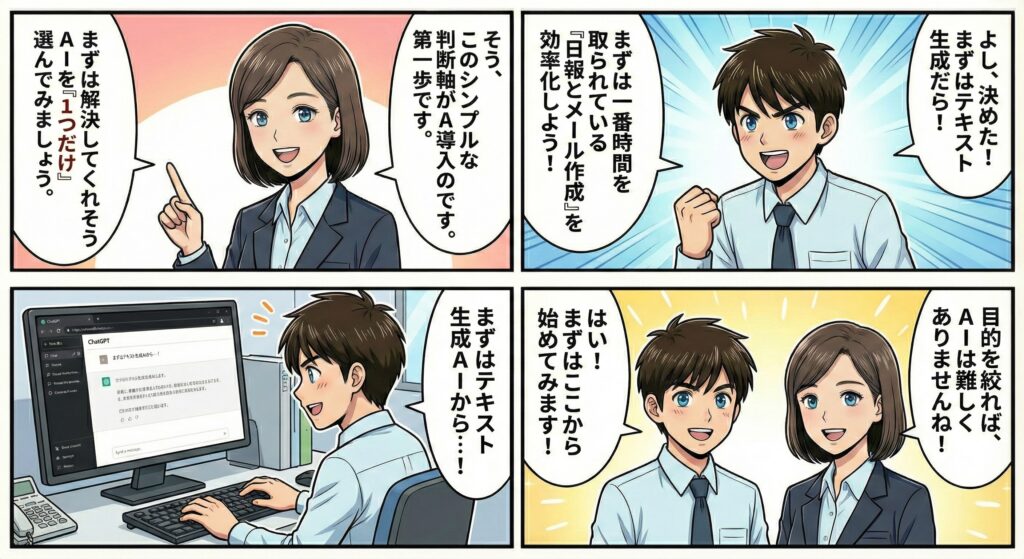 業務効率化のため、まずはテキスト生成AIから導入する決断をした男性と、それを後押しする女性の前向きな場面。