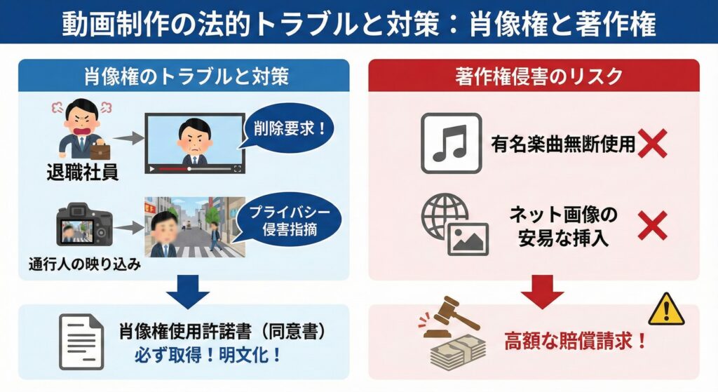 肖像権と著作権のトラブル事例と、事前対策の重要性を示した図解。