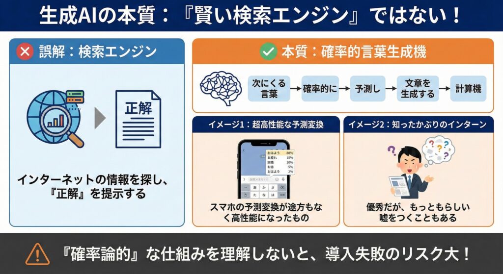 生成AIを検索エンジンと誤解する考えと、確率的に言葉を生成する仕組みの違いを対比して説明した図。