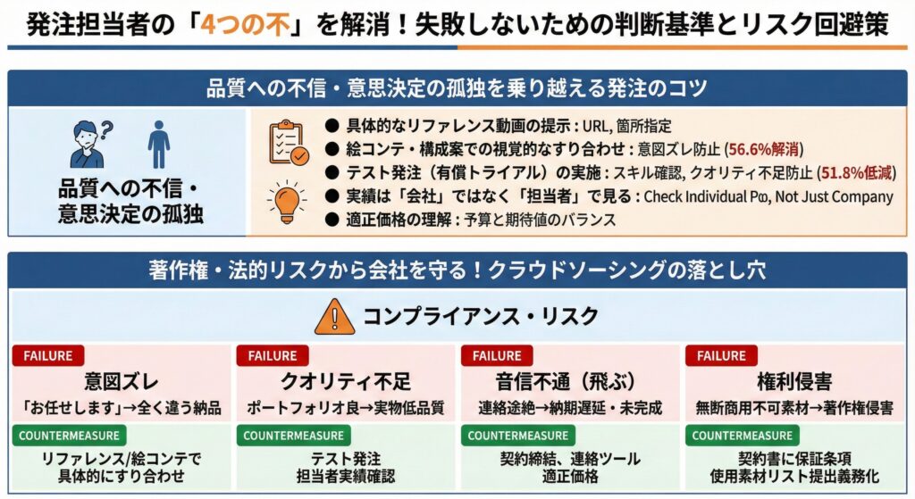 動画発注における「4つの不」（品質不信・意思決定の孤独・著作権リスク・コミュニケーション不備）と、その回避策をまとめた図。リファレンス提示やテスト発注、契約書明記などの対策が示されている。