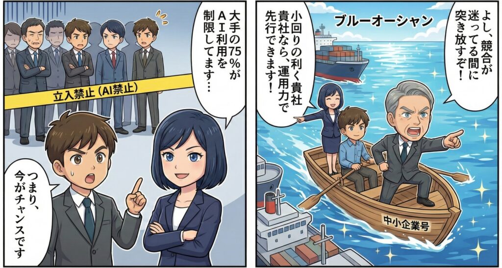 AI利用を制限する競合企業と、運用力で前進する中小企業を対比したマンガ。今がチャンスであることを示している。