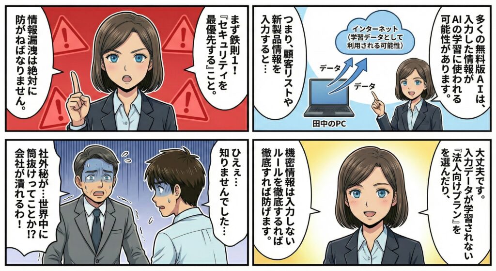 情報漏洩の危険性を警告する女性と、無料版AIでは入力情報が学習に使われる可能性を図解で説明する漫画。