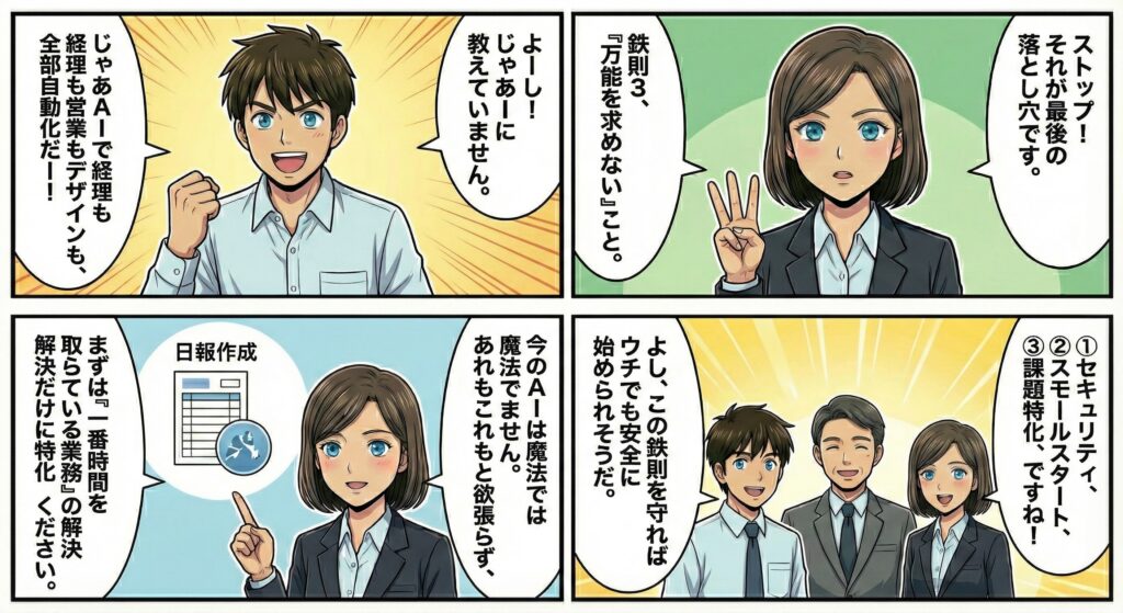 AIですべてを自動化したいと考える男性に対し、万能を求めず課題特化で使う重要性を説明するまとめの場面。