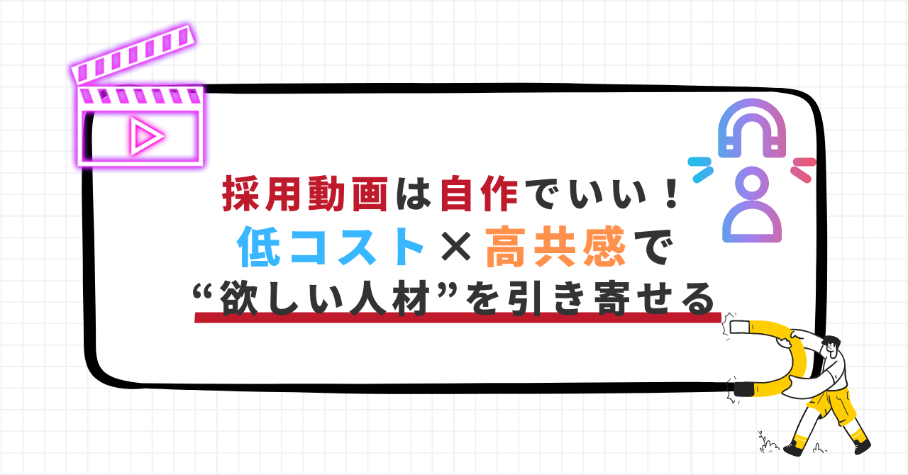 採用動画は自作で十分効果があることを伝えるバナー画像。低コスト・高共感・欲しい人材の獲得がキーワード。