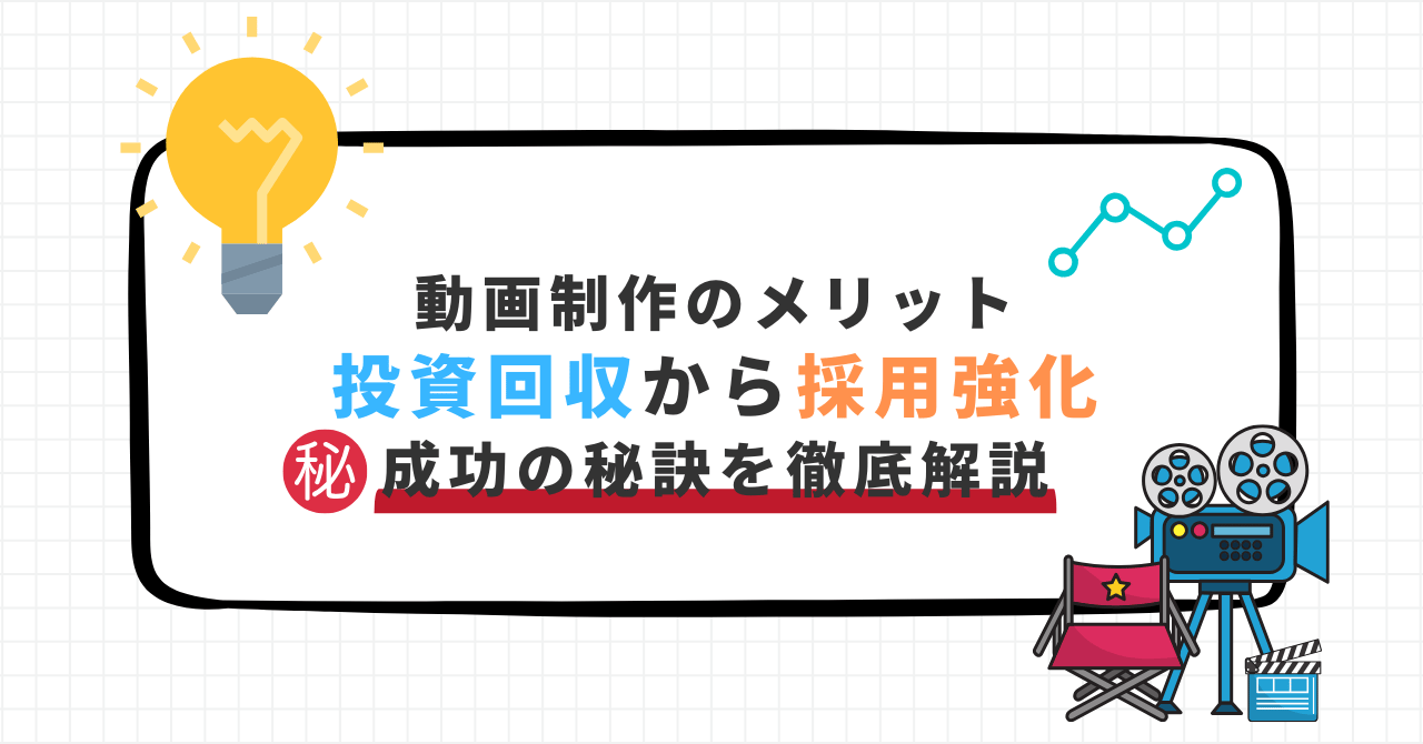 「動画制作のメリット」をテーマにしたイラスト入りバナー画像。投資回収・採用強化・成功の秘訣というキーワードが目立つ。