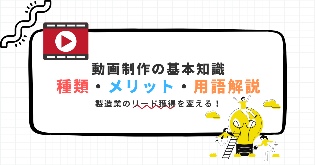 動画制作の基本知識 種類・メリット・用語解説と書かれたバナー画像。再生マーク付きのフィルムアイコンと、電球に乗った人物のイラスト入り。