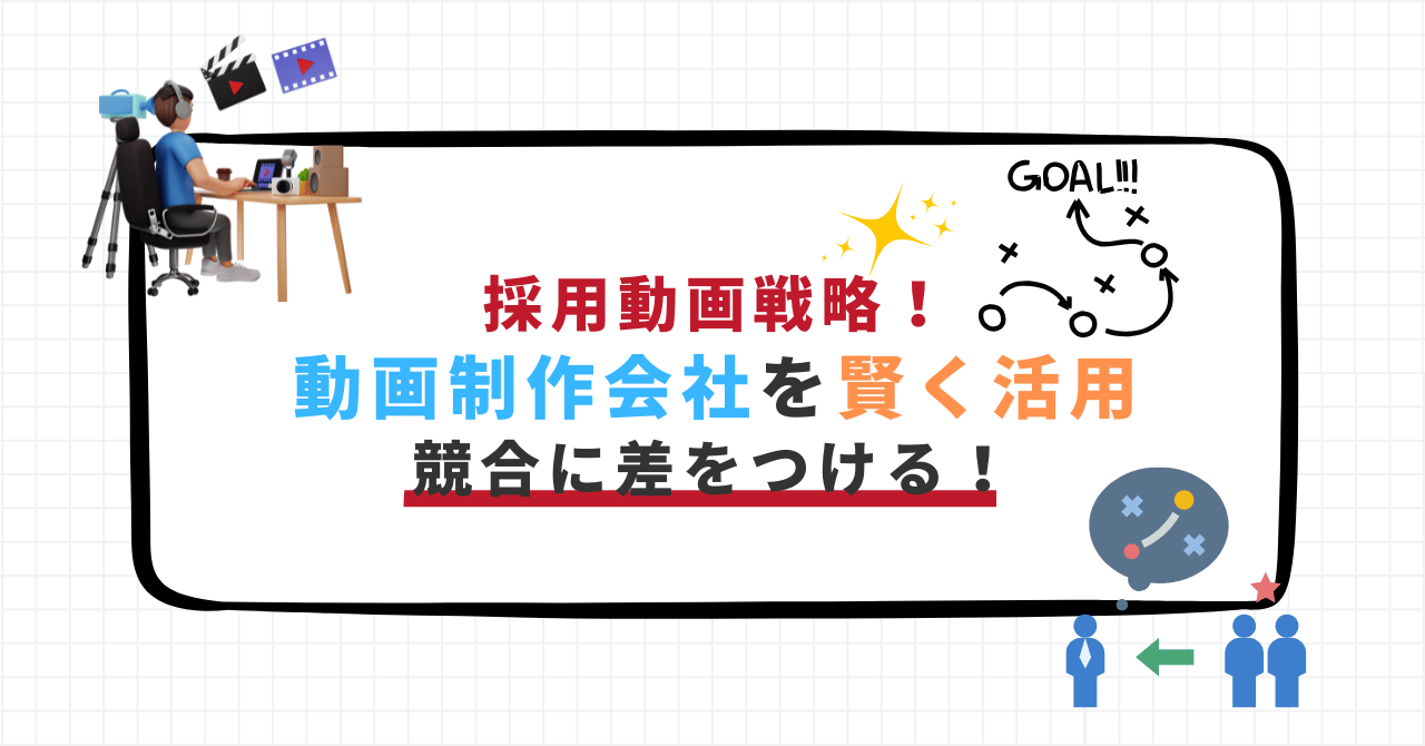 採用動画戦略をテーマに、動画制作会社の賢い活用方法を紹介するバナー画像。撮影・編集・戦略アイコンが配置されている。