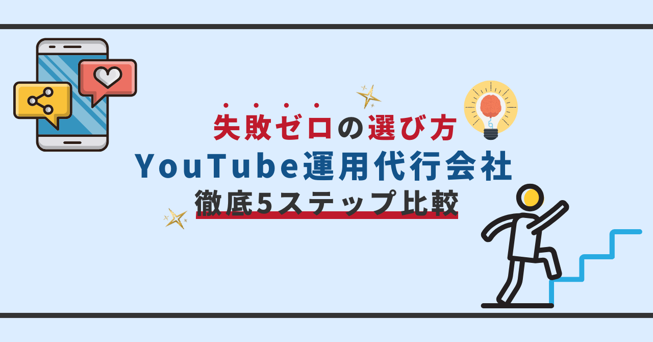 YouTube運用代行会社の選び方を5ステップで比較・解説するバナー画像。スマートフォン、電球、ステップを上がる人のイラスト入り。