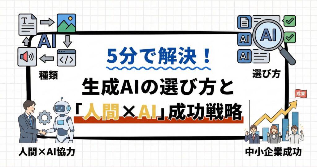 生成AIの種類と選び方、人間とAIの協力による成功戦略を示した図解で、中小企業の成果向上を5分で理解できる構成。