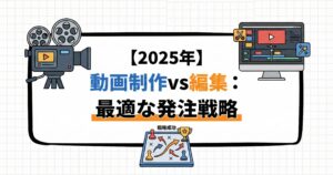 2025年版「動画制作と動画編集の違い」をテーマにしたスライドで、カメラと編集画面のイラストとともに「最適な発注戦略」というタイトルが中央に大きく表示されている。
