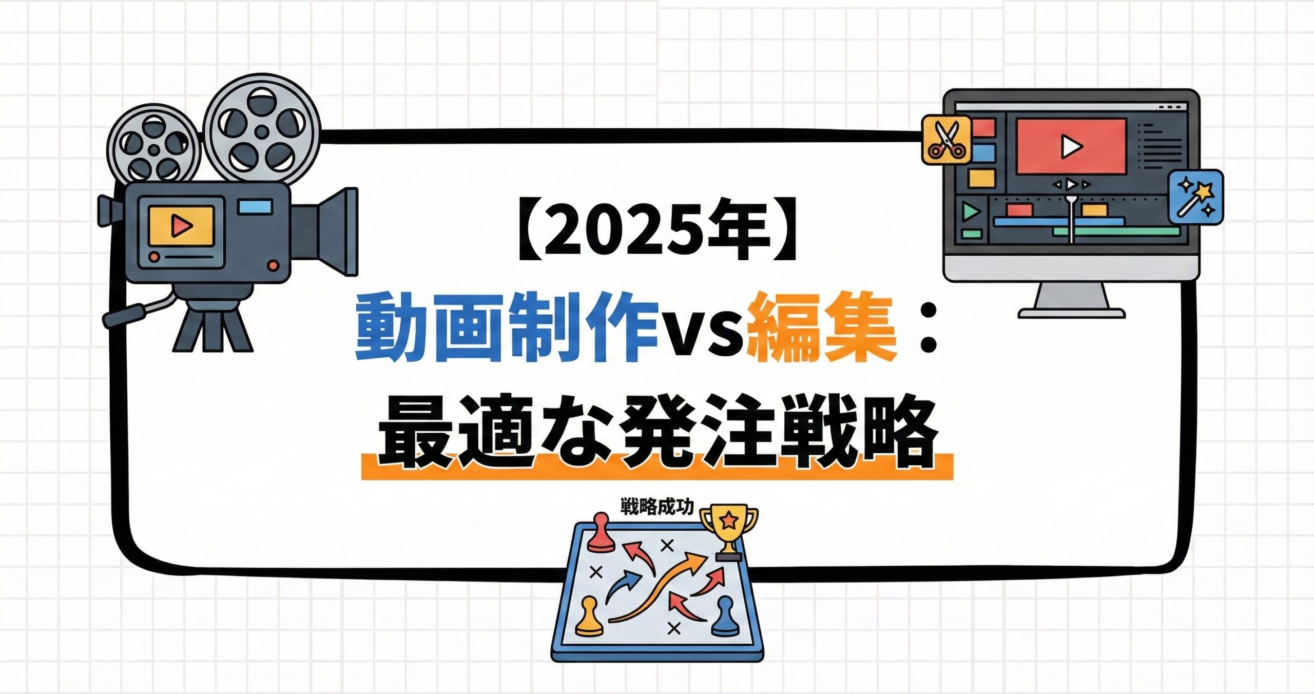 2025年版「動画制作と動画編集の違い」をテーマにしたスライドで、カメラと編集画面のイラストとともに「最適な発注戦略」というタイトルが中央に大きく表示されている。