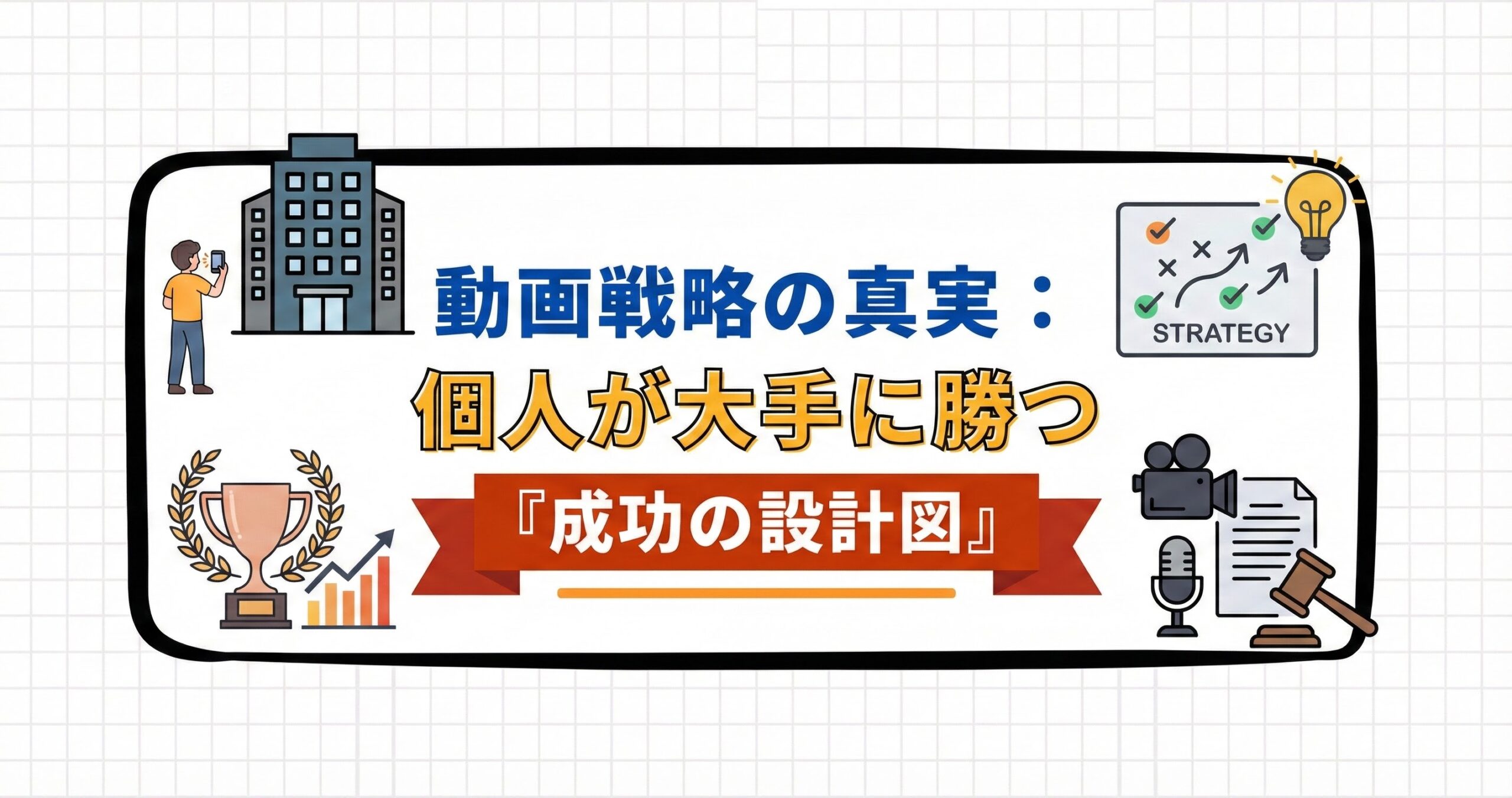 個人でも大手に勝つための動画戦略として、企画・音・法務を整理した設計図の図解。