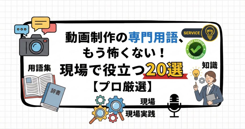 動画制作の専門用語をテーマに、現場で役立つ20選を紹介するアイキャッチ画像。カメラや辞書、人物イラストとともに「もう怖くない」と強調されている。