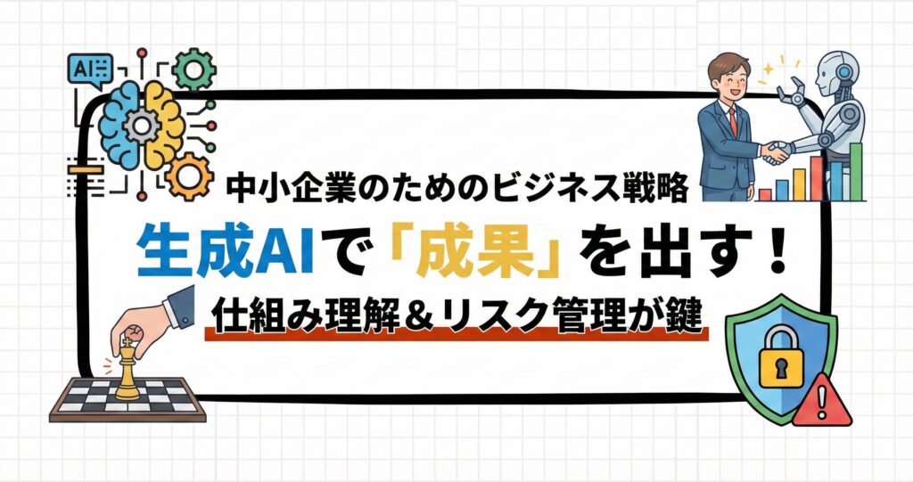 生成AIの仕組み理解とリスク管理を前提に、中小企業が成果を出すためのビジネス戦略を示した総合図。