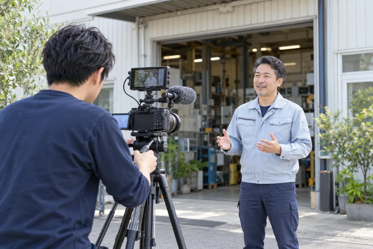 カメラとマイクを使い、企業の現場でYouTube動画を撮影する様子のイメージ