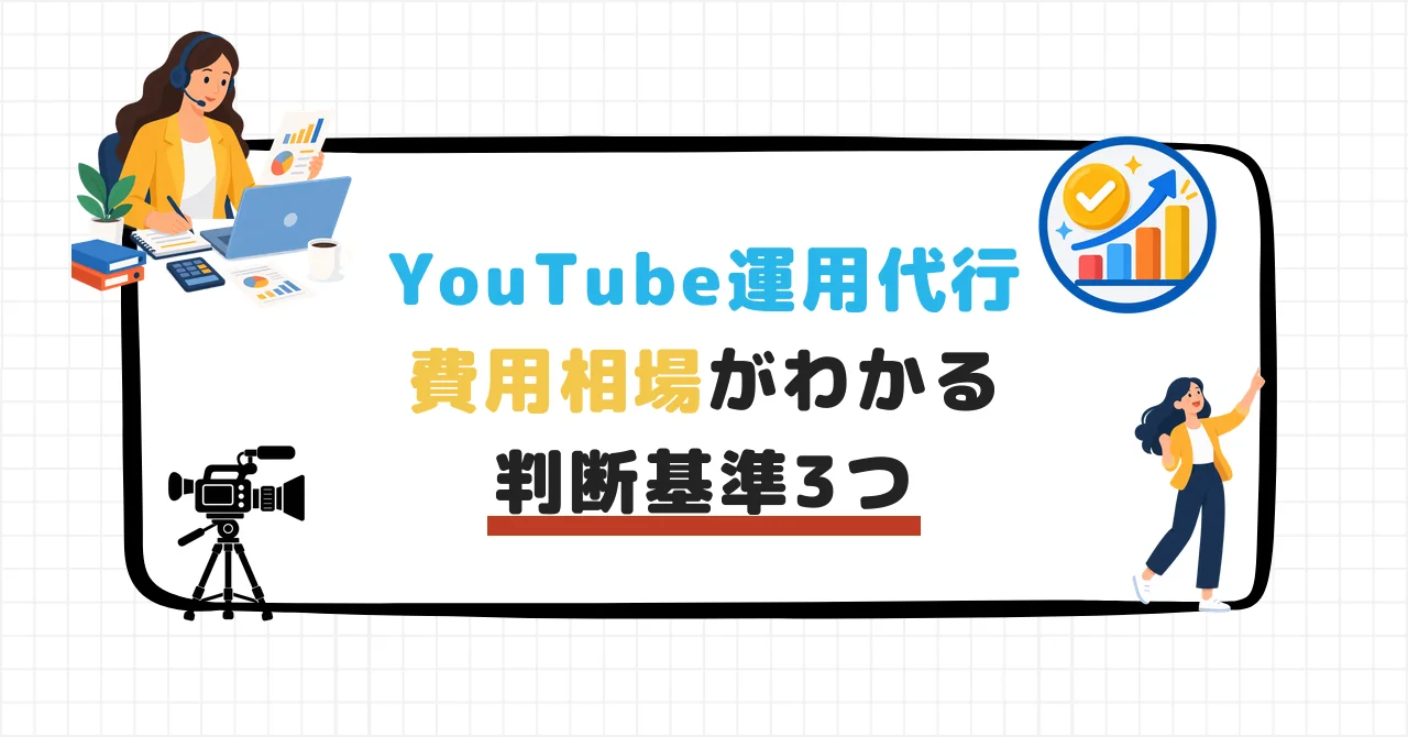 YouTube運用代行の費用相場を解説する記事のアイキャッチ画像。ノートPCに向かう人物と動画カメラのアイコン、費用相場や判断基準を示す文字が配置されている。