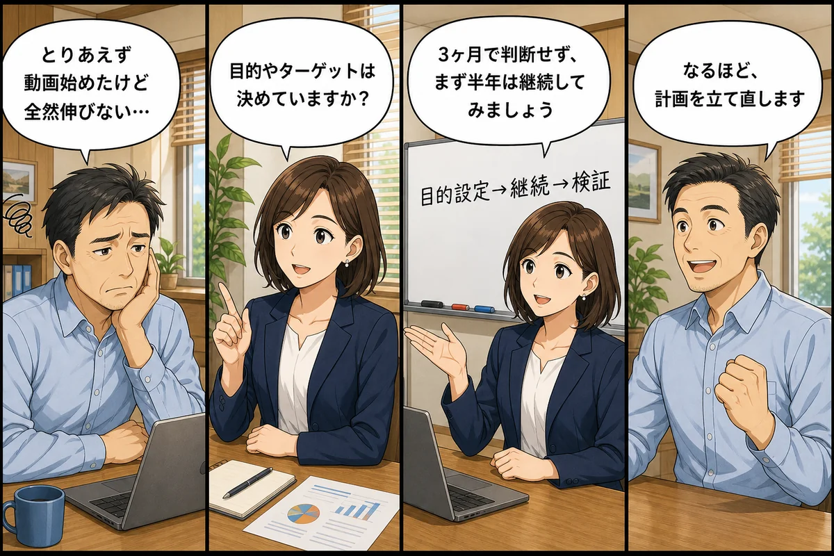 目的未設定のまま始めて伸び悩む男性に、女性が目的設定と継続の重要性を伝える4コマ漫画