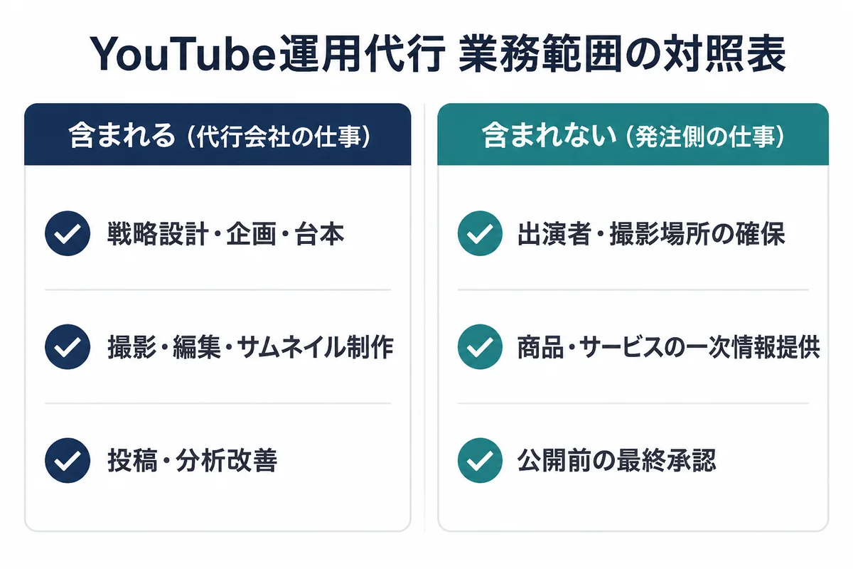 YouTube運用代行で代行会社が担う業務と、自社が担う業務を左右に分けた比較図