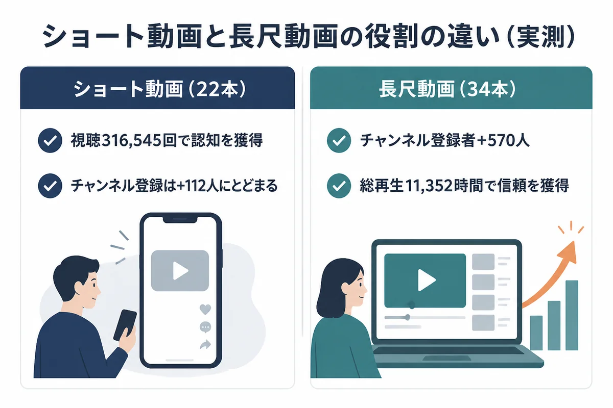 ショート動画は視聴数を稼ぐが登録者増加は限定的、長尺動画が登録者増加と信頼獲得に寄与したことを示す比較図